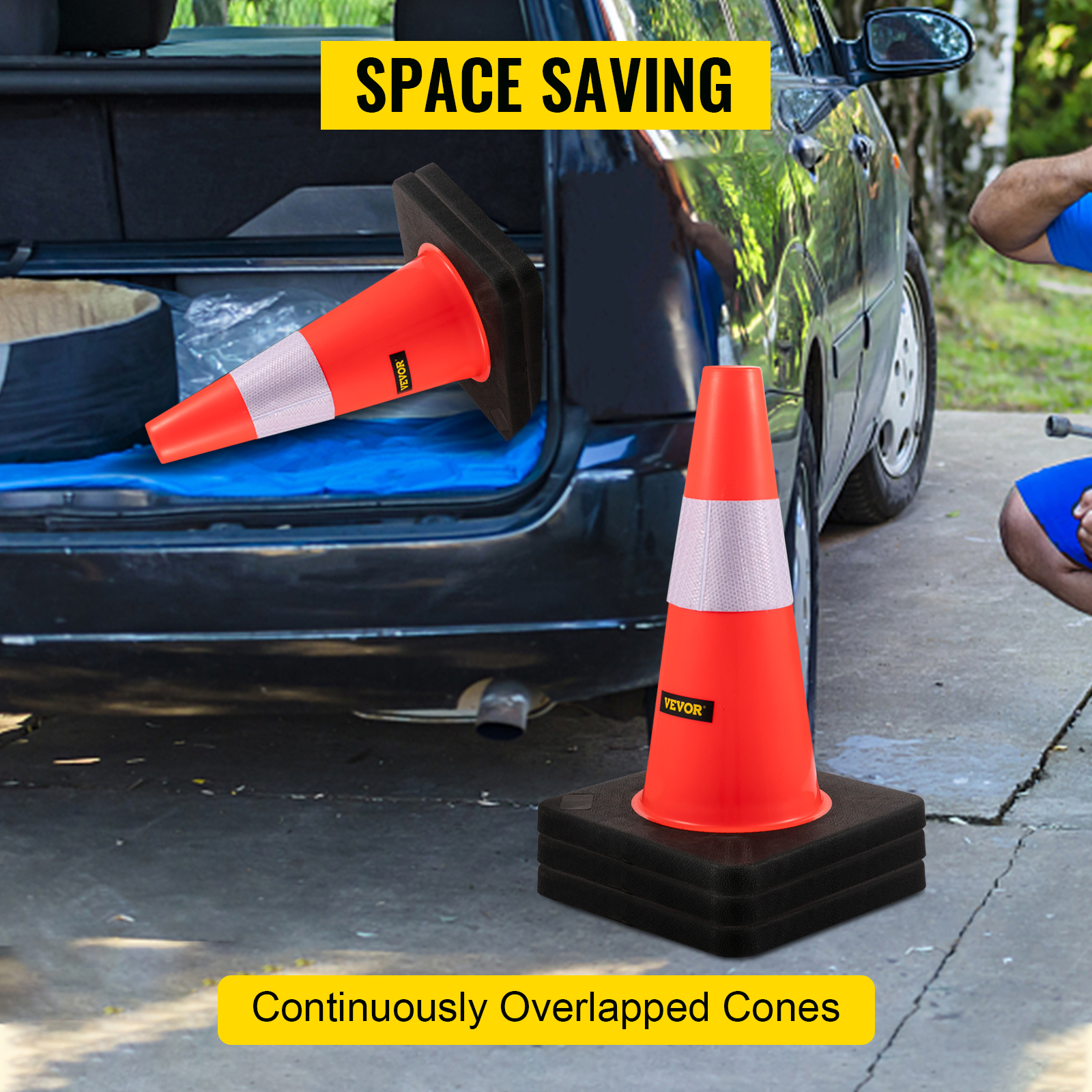 VEVOR safety cones loaded in car trunk, promoting space-saving and overlapping features.