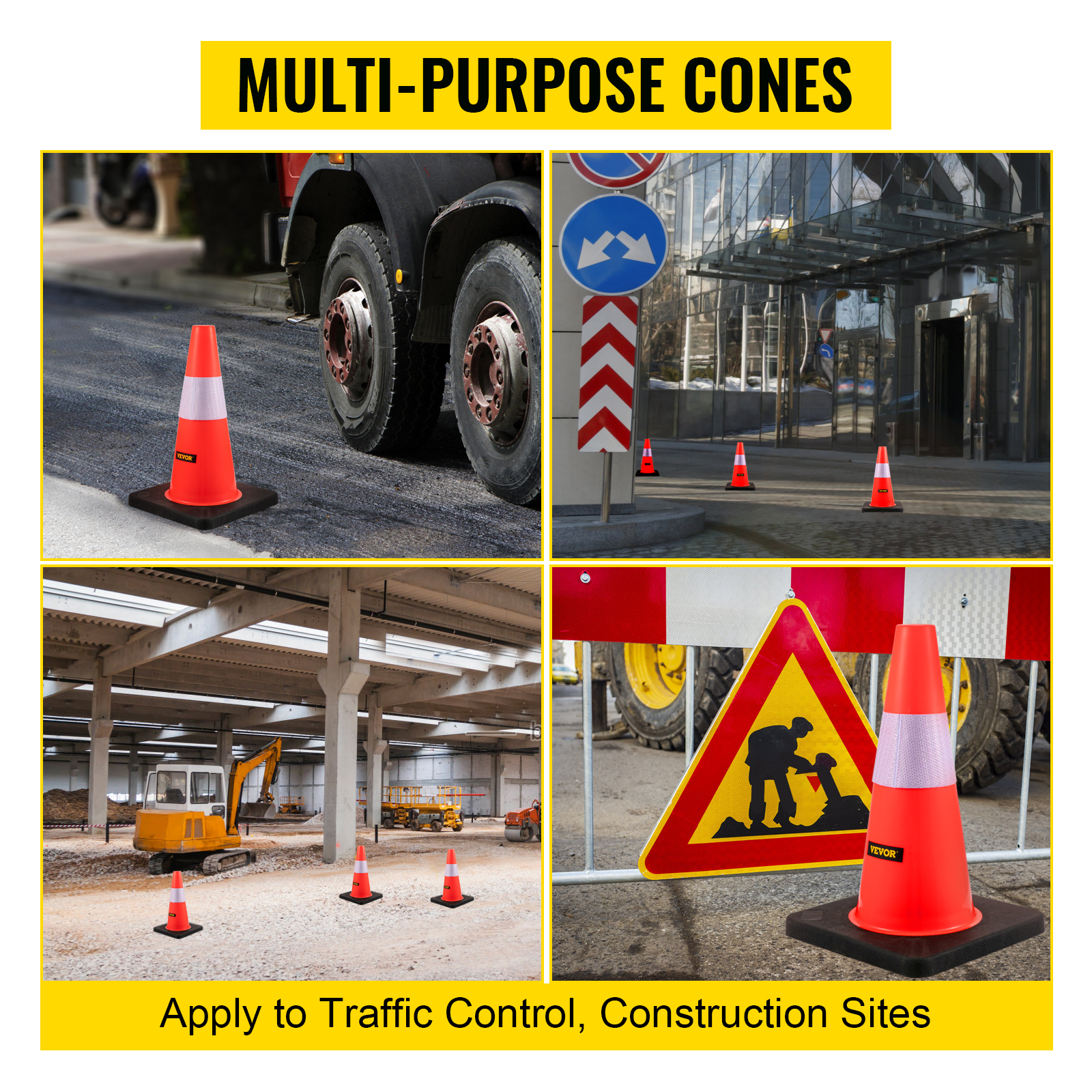 VEVOR safety cones for traffic control, construction sites, and road safety.