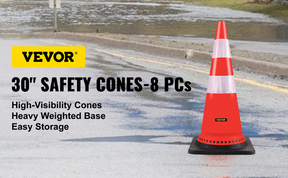 VEVOR safety cones with reflective strips and weighted base on a wet road.