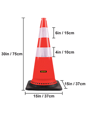 VEVOR safety cones, 30in height, 15in base, with reflective bands.
