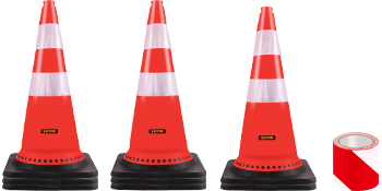 three VEVOR safety cones with reflective bands and a red reflective tape roll.