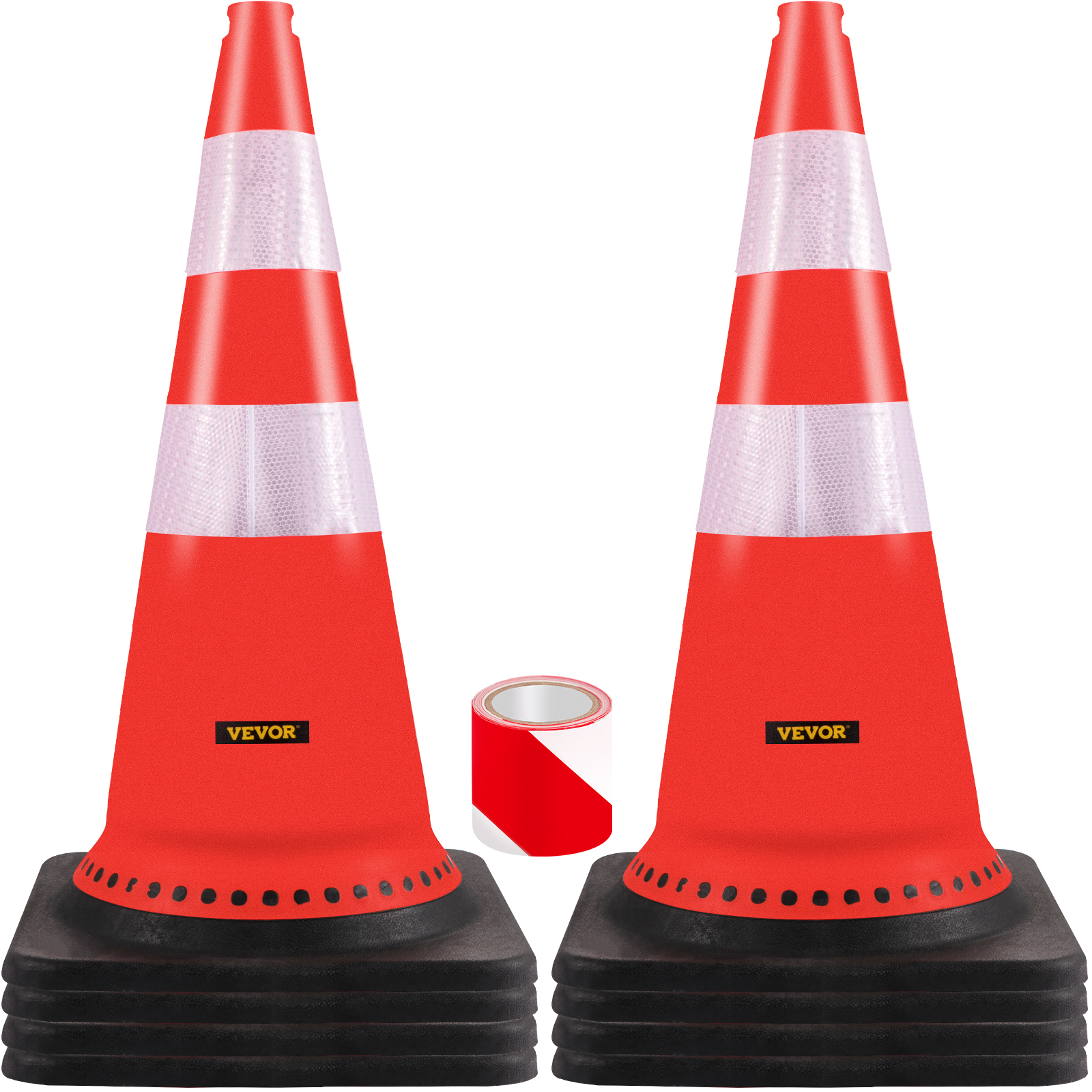 two VEVOR safety cones with reflective stripes and a roll of marking tape.