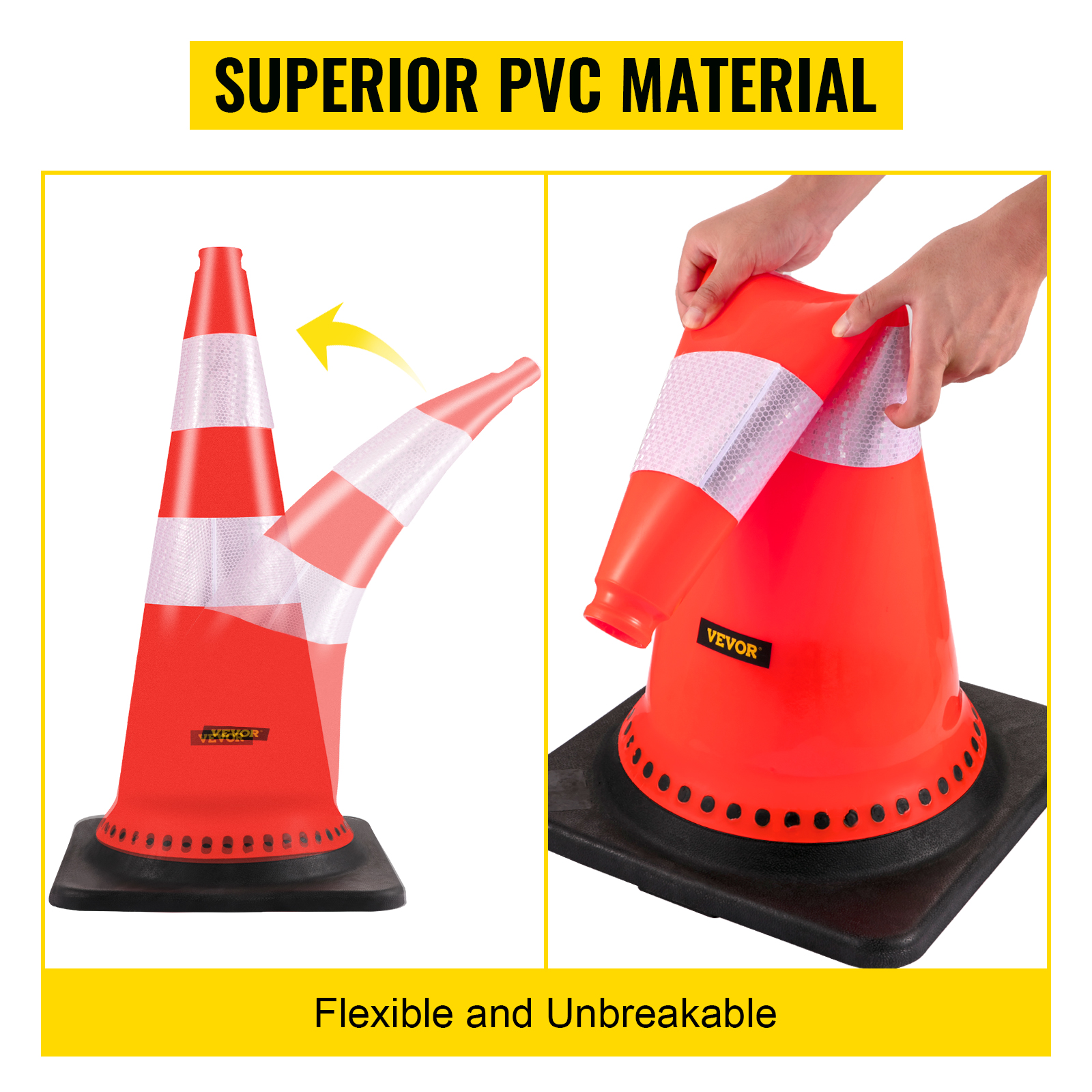 VEVOR safety cones made of superior pvc material, showcasing flexibility and durability.