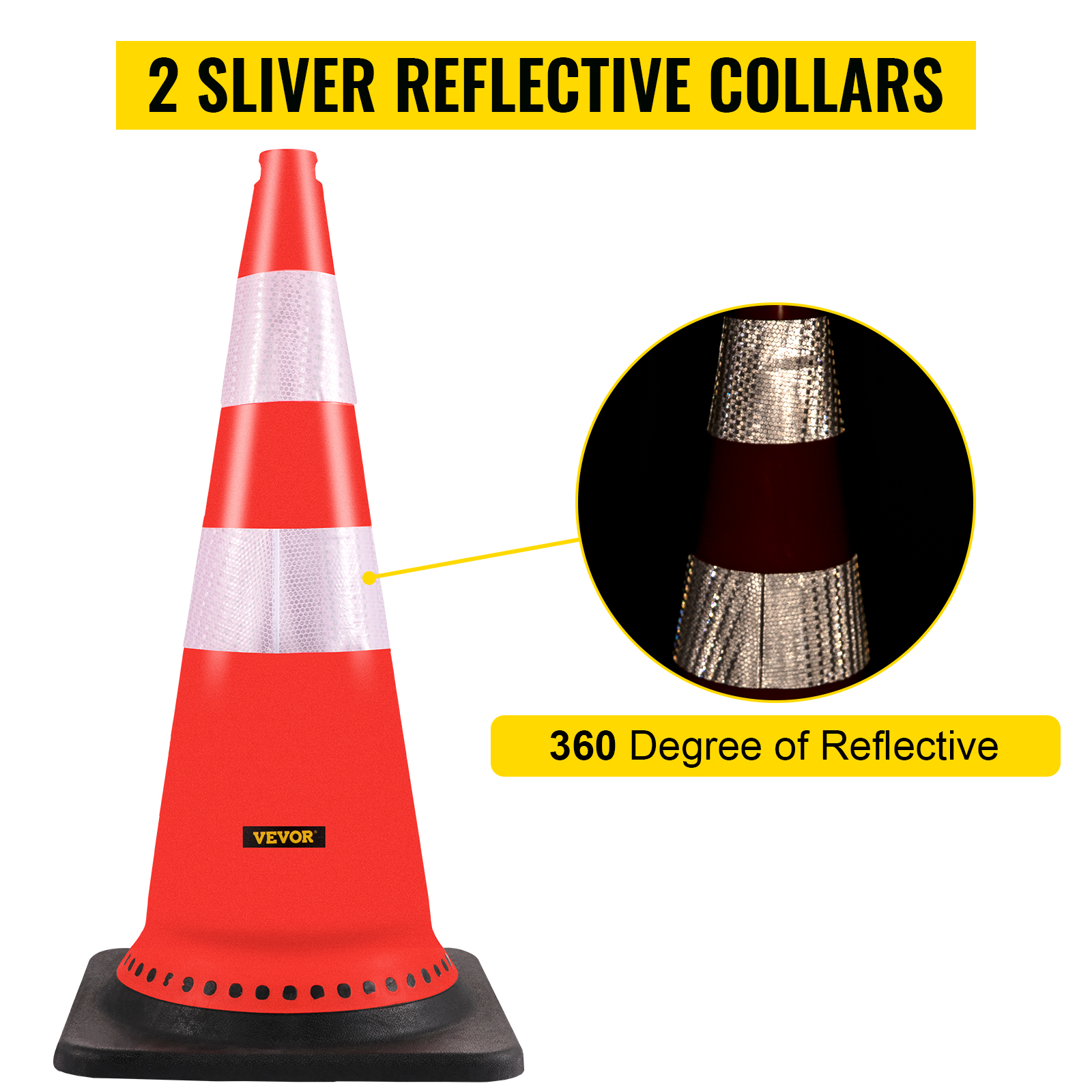 VEVOR safety cones with 2 reflective collars for 360-degree visibility.