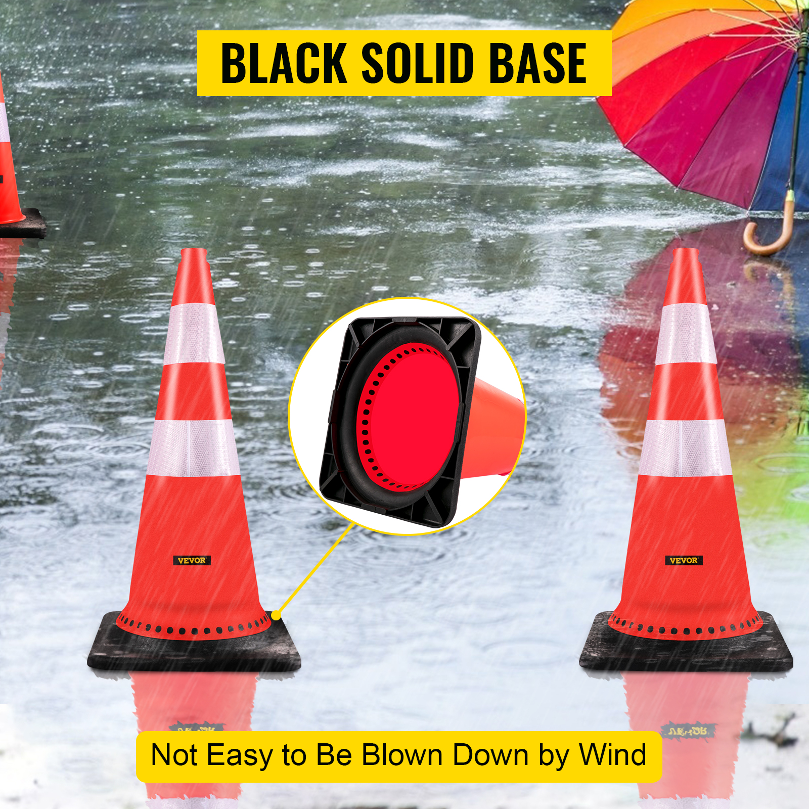 VEVOR safety cones with black solid base in the rain, showcasing stability and durability.