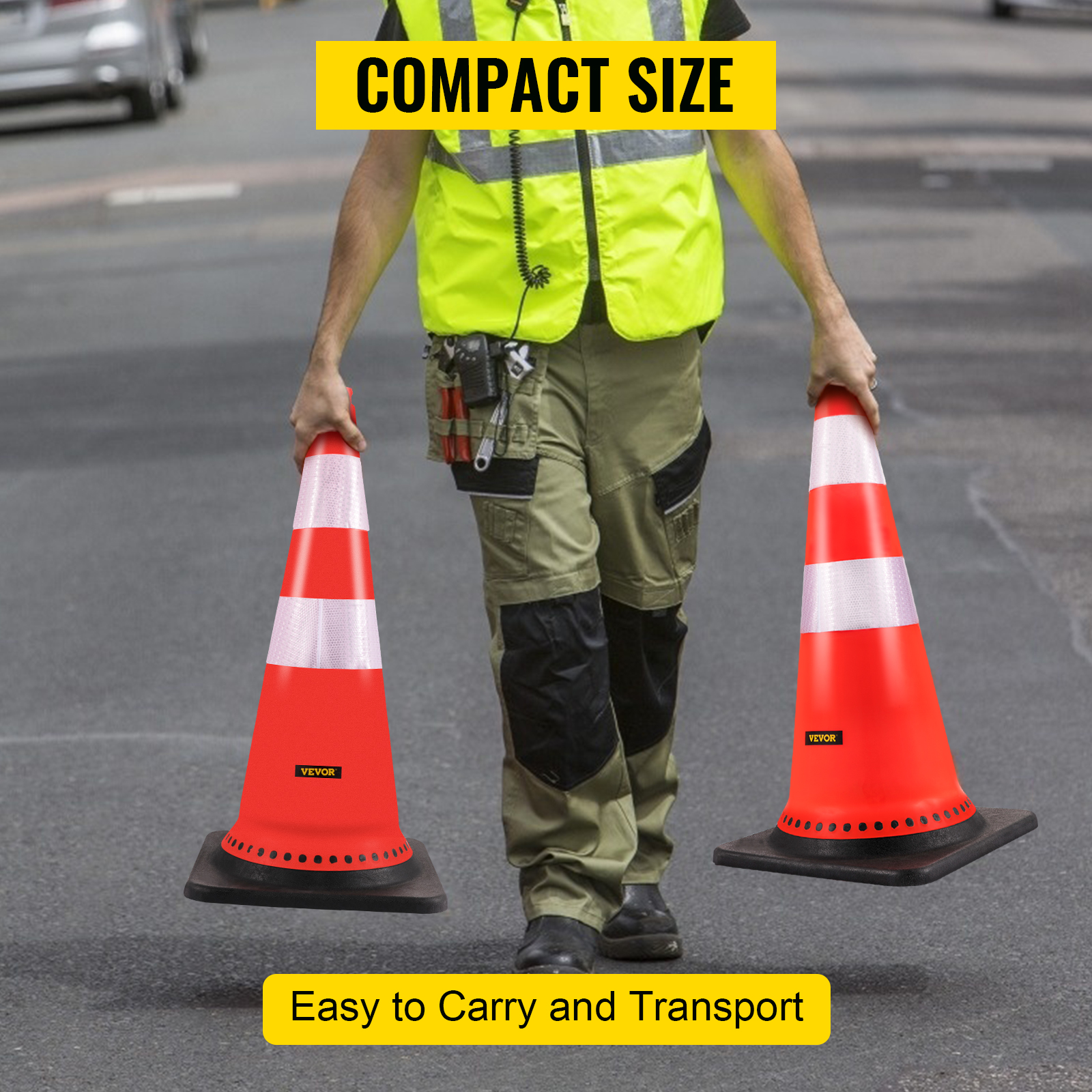 worker carrying VEVOR safety cones, highlighting compact size and easy transport.