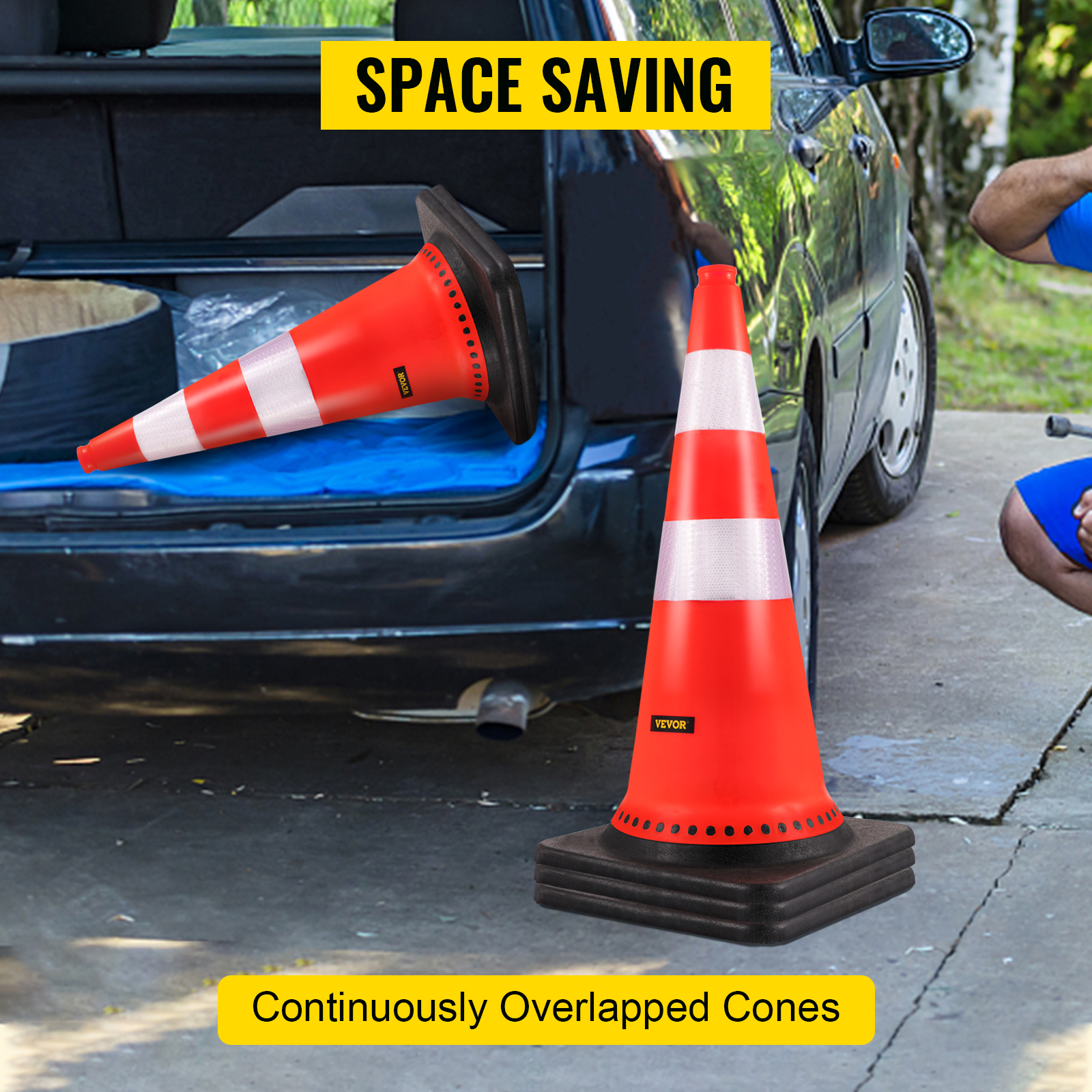 VEVOR safety cones in use, space-saving storage in a vehicle trunk.