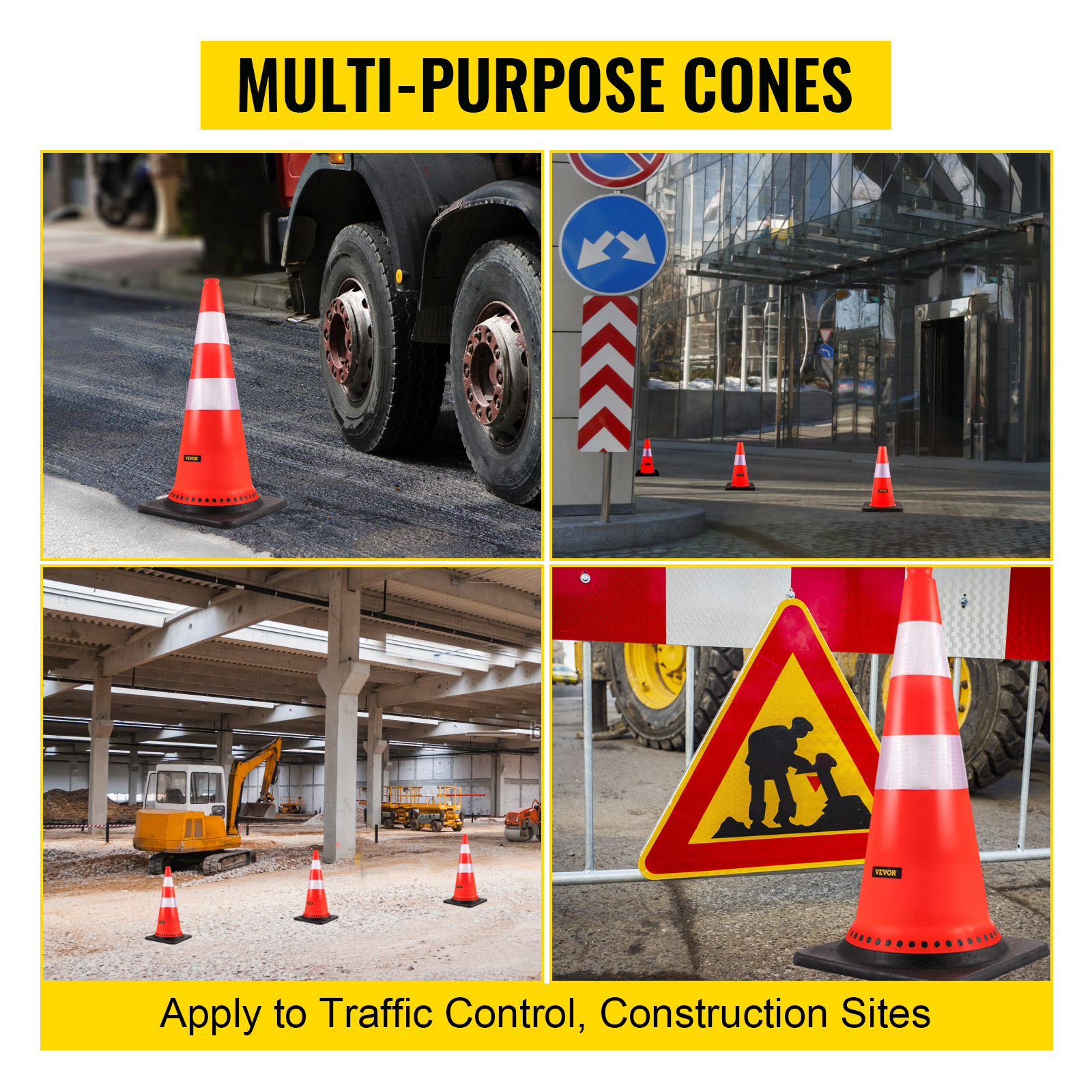 VEVOR safety cones used for construction sites and traffic control.