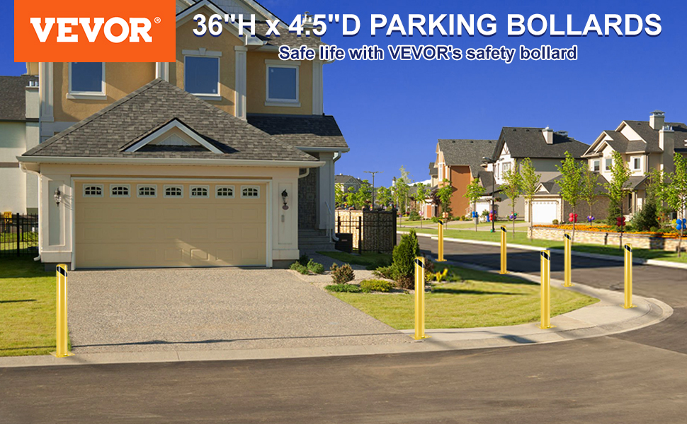 residential street with yellow VEVOR safety bollards and houses in the background.
