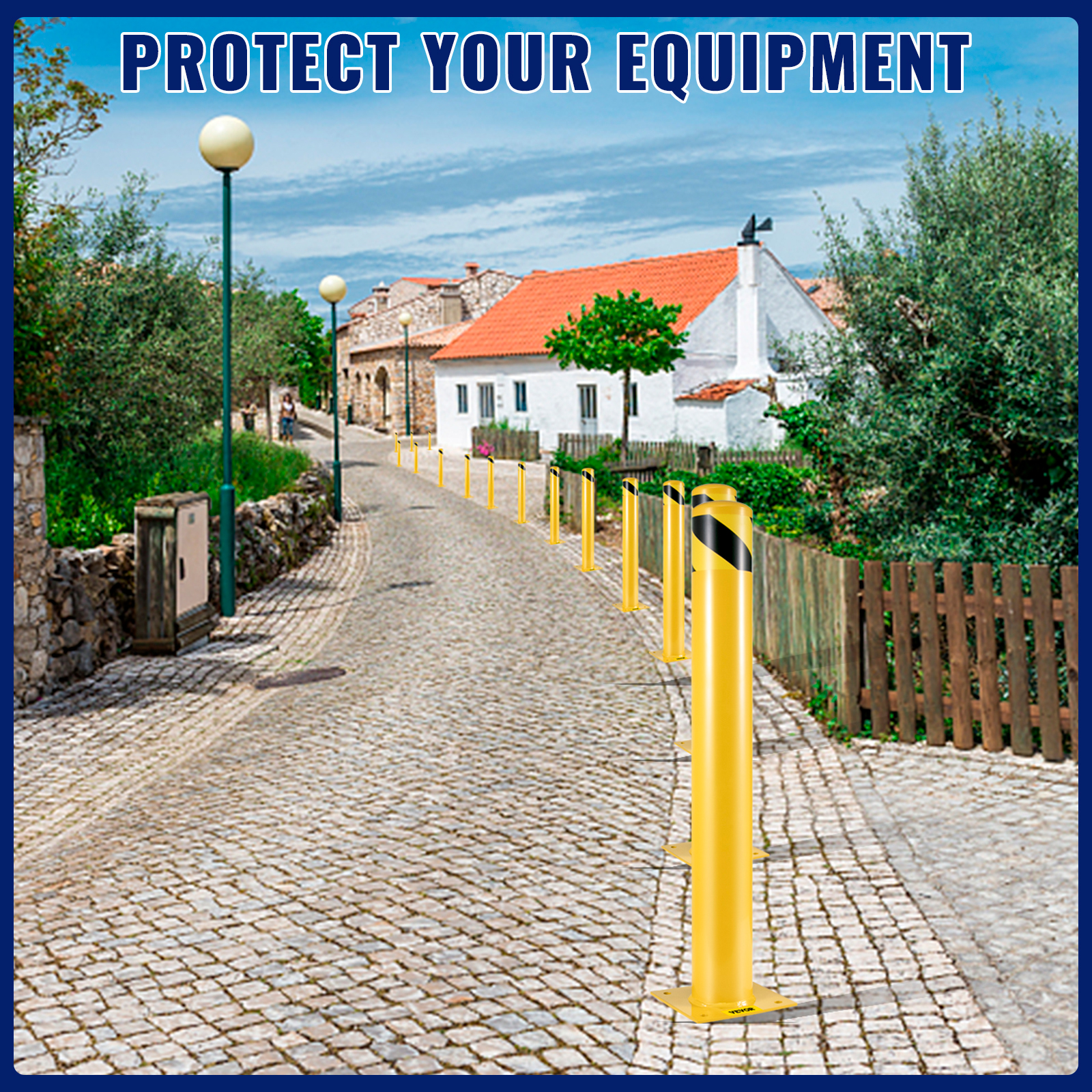 VEVOR safety bollard in a cobblestone pathway with houses and trees.