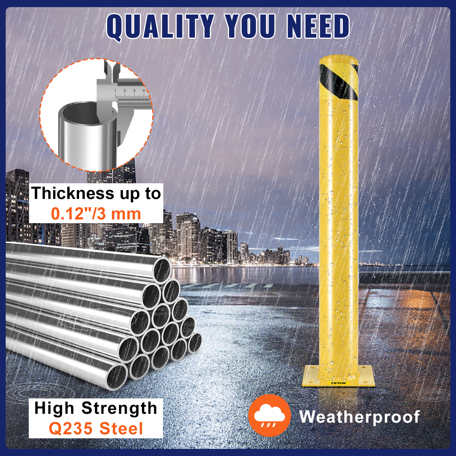 VEVOR safety bollard: weatherproof, 0.12"/3mm thick q235 steel for high strength.