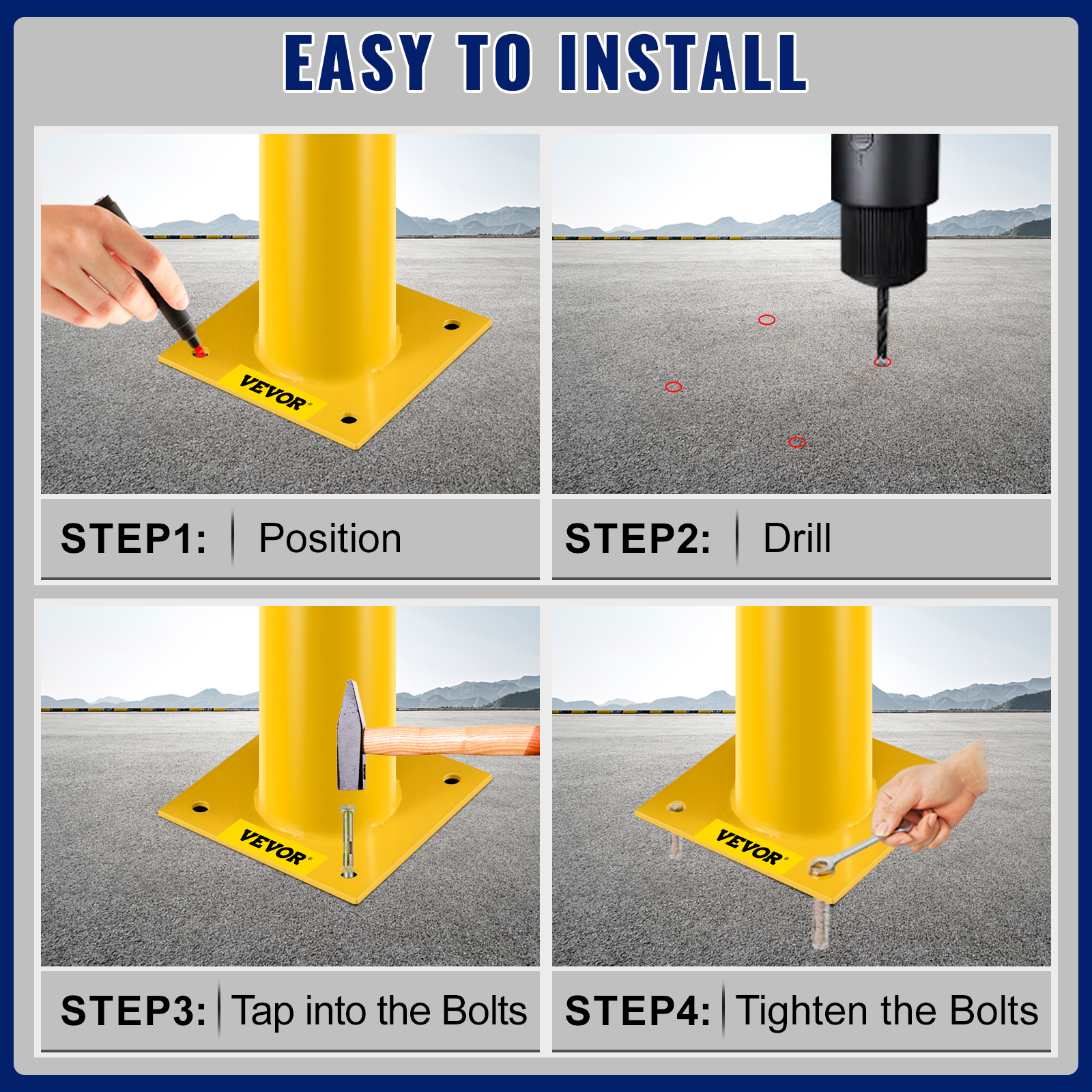 installation steps for VEVOR safety bollard: position, drill, tap bolts, and tighten bolts.