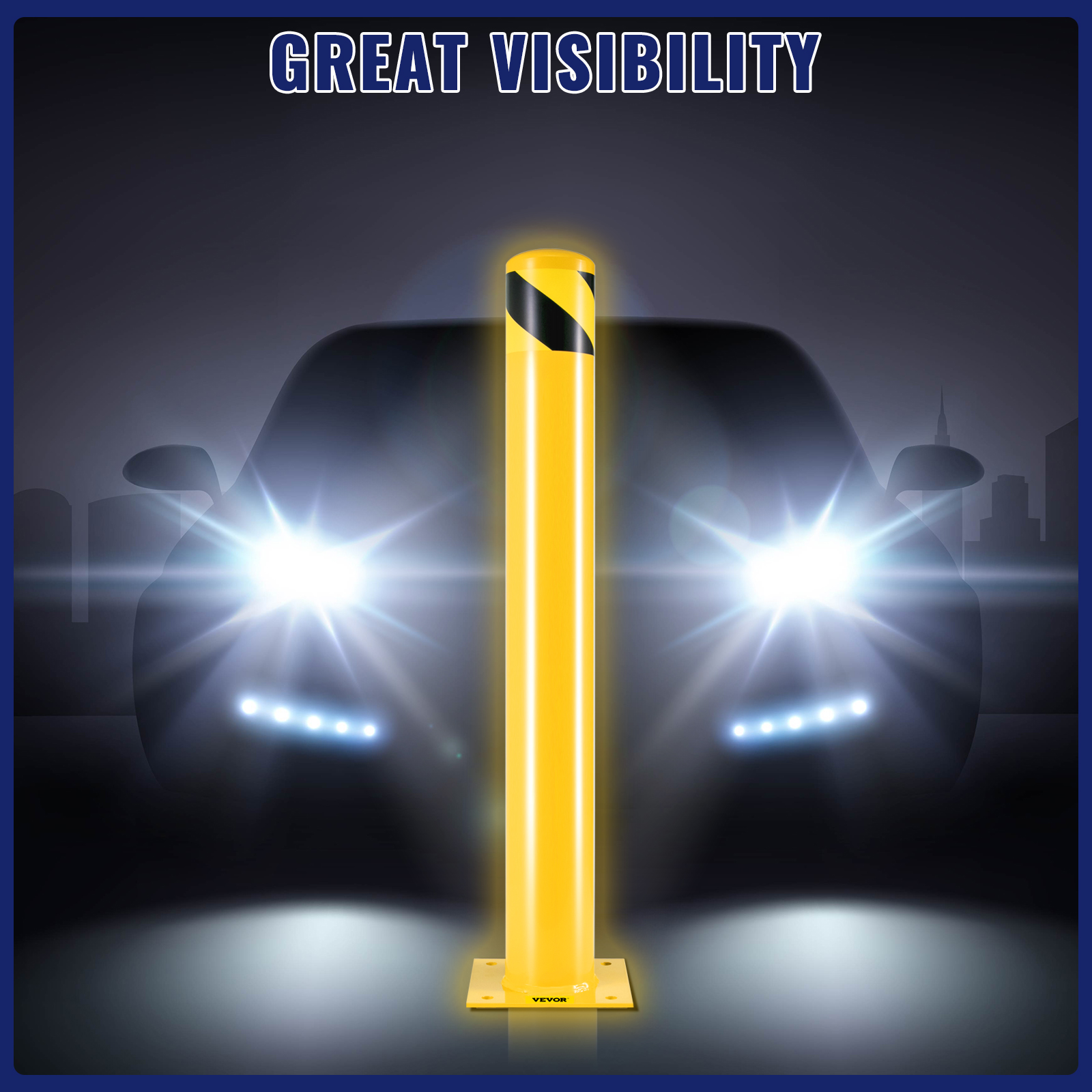VEVOR safety bollard with high visibility in front of car headlights at night.