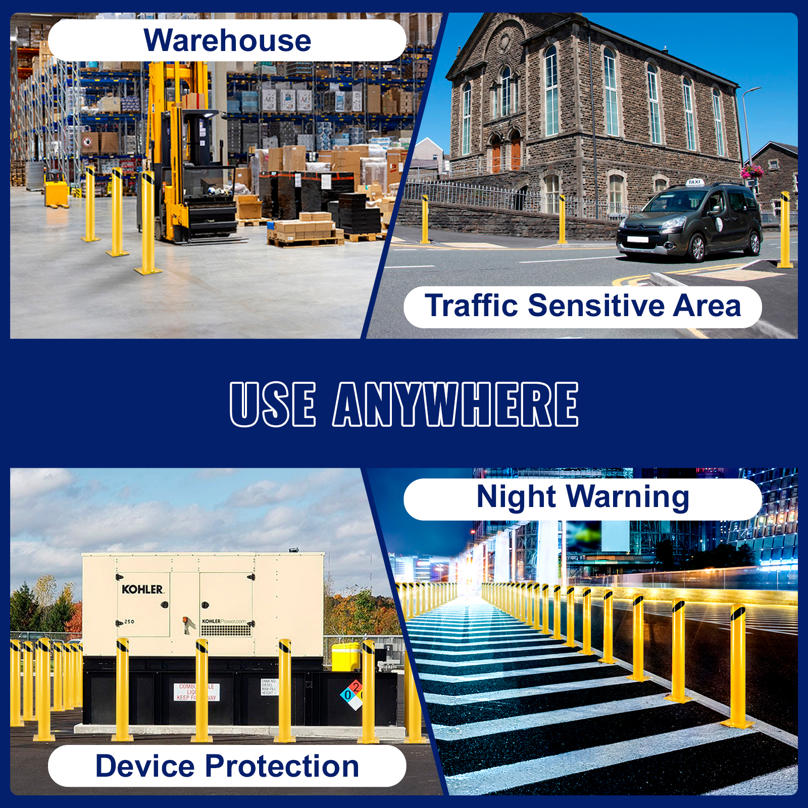 VEVOR safety bollard for warehouse, traffic sensitive area, night warning, and device protection.