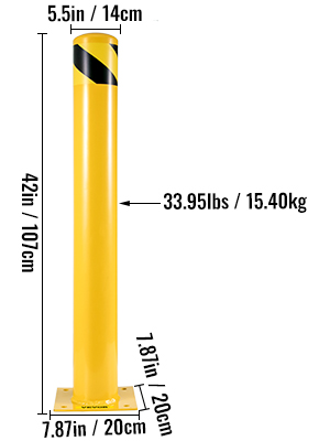 yellow VEVOR safety bollard with black stripes, height 42in, base 7.87in.