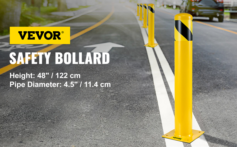 VEVOR drošības bollards ar dzelteniem stabiņiem un melnām diagonālām svītrām.