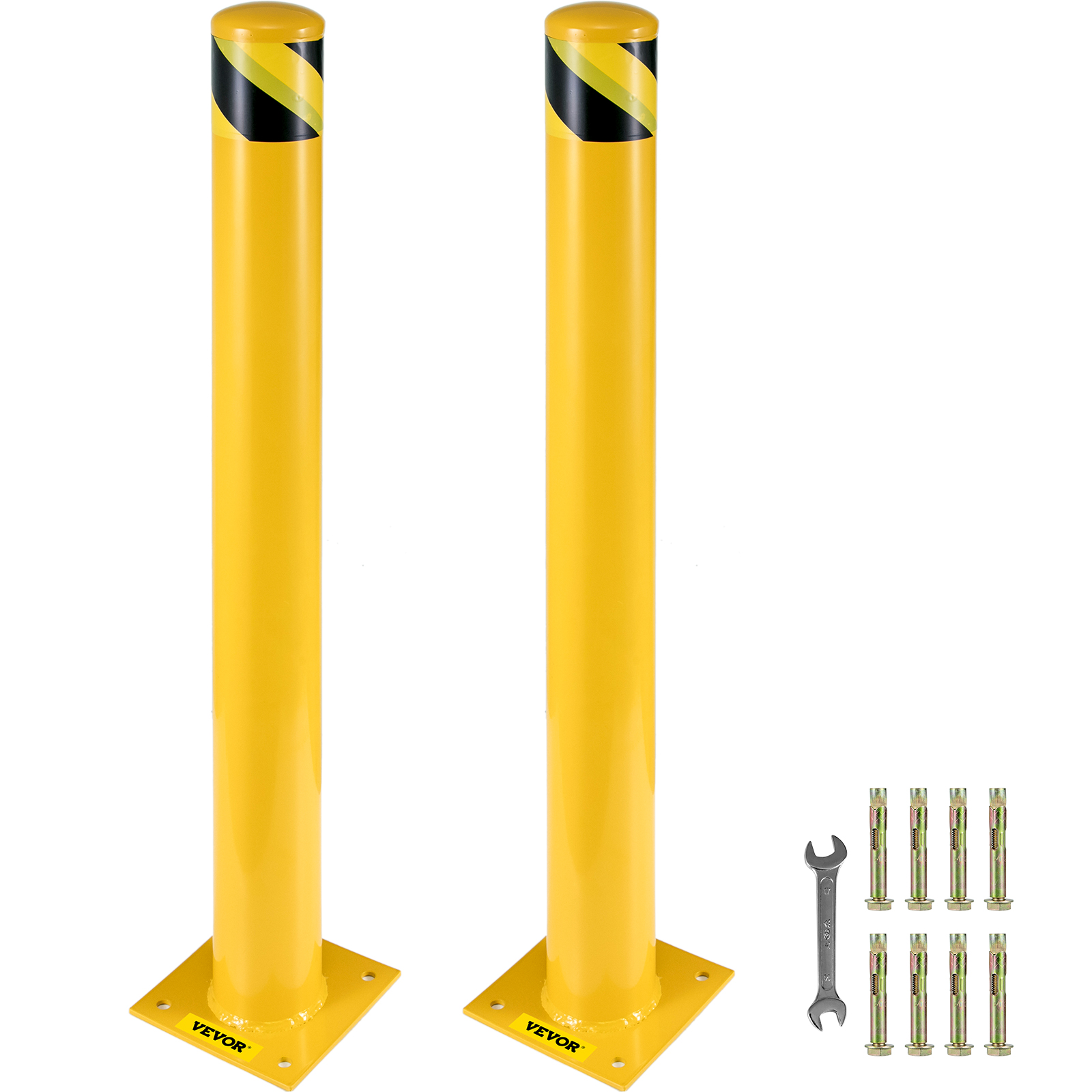 iekļauts dzeltens VEVOR drošības bollards ar melnām svītrām, skrūvēm un uzgriežņu atslēgu.