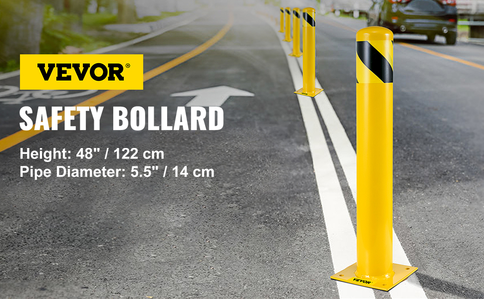 yellow VEVOR safety bollard on a road with black and yellow stripes.
