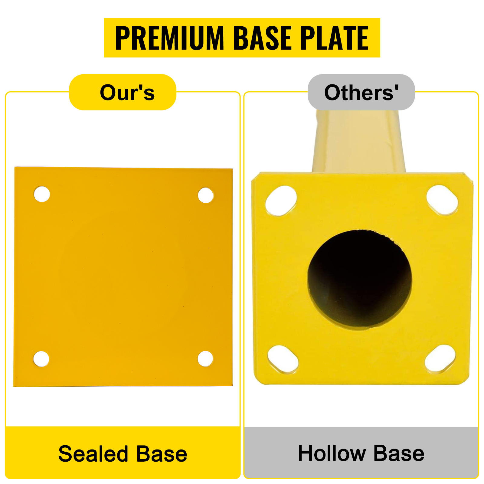 VEVOR safety bollard base comparison: sealed base vs hollow base.