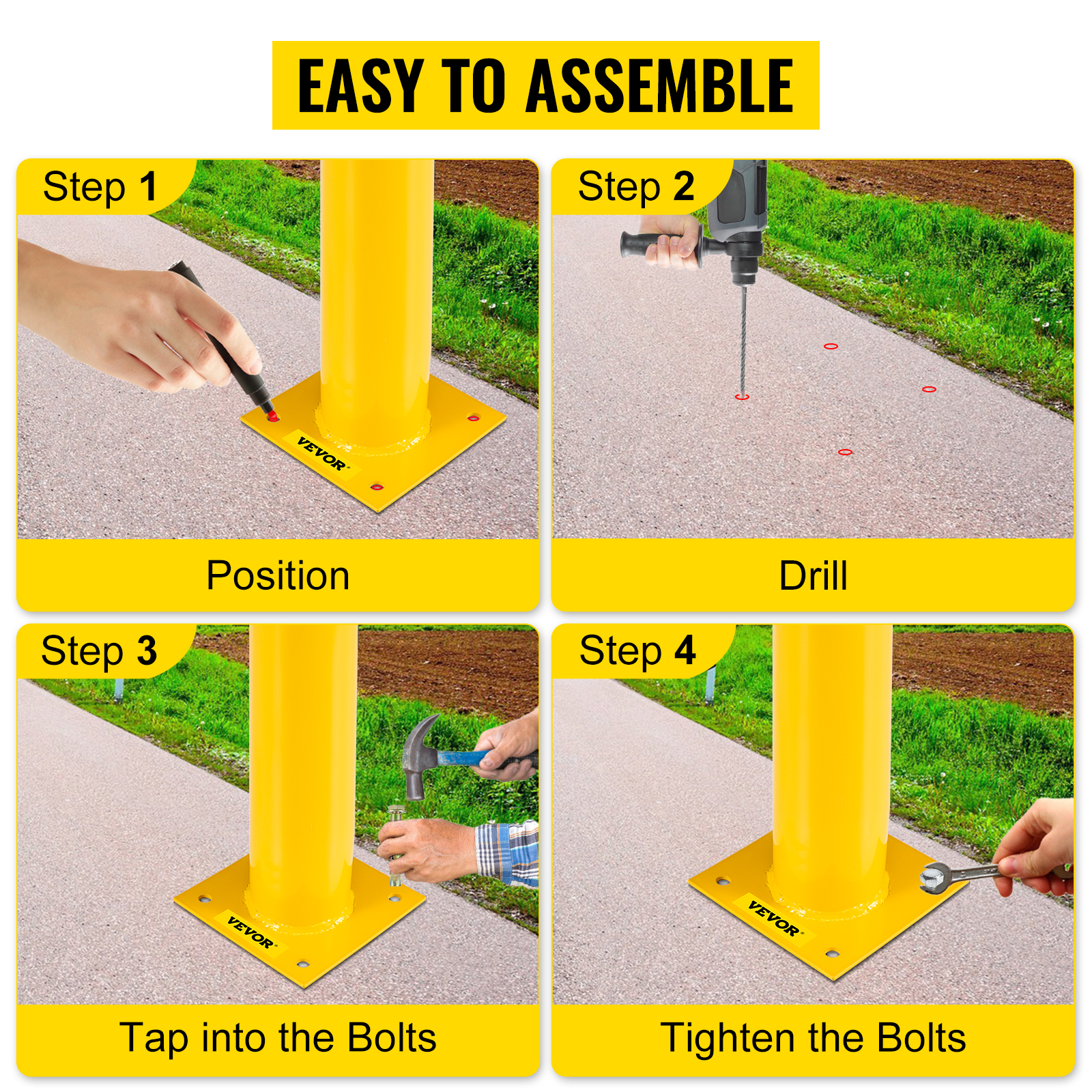 VEVOR safety bollard installation steps: position, drill, tap into bolts, tighten bolts.