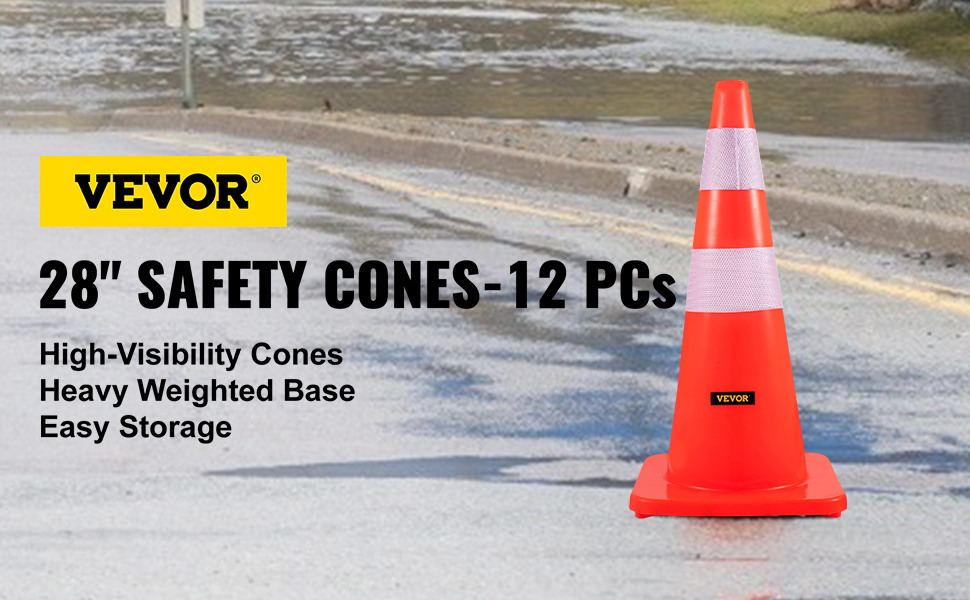 VEVOR safety cones, 28" high-visibility with weighted base for easy storage.