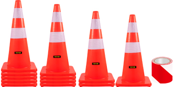 VEVOR safety cones with reflective stripes and red tape, 4 cones stacked in pairs.