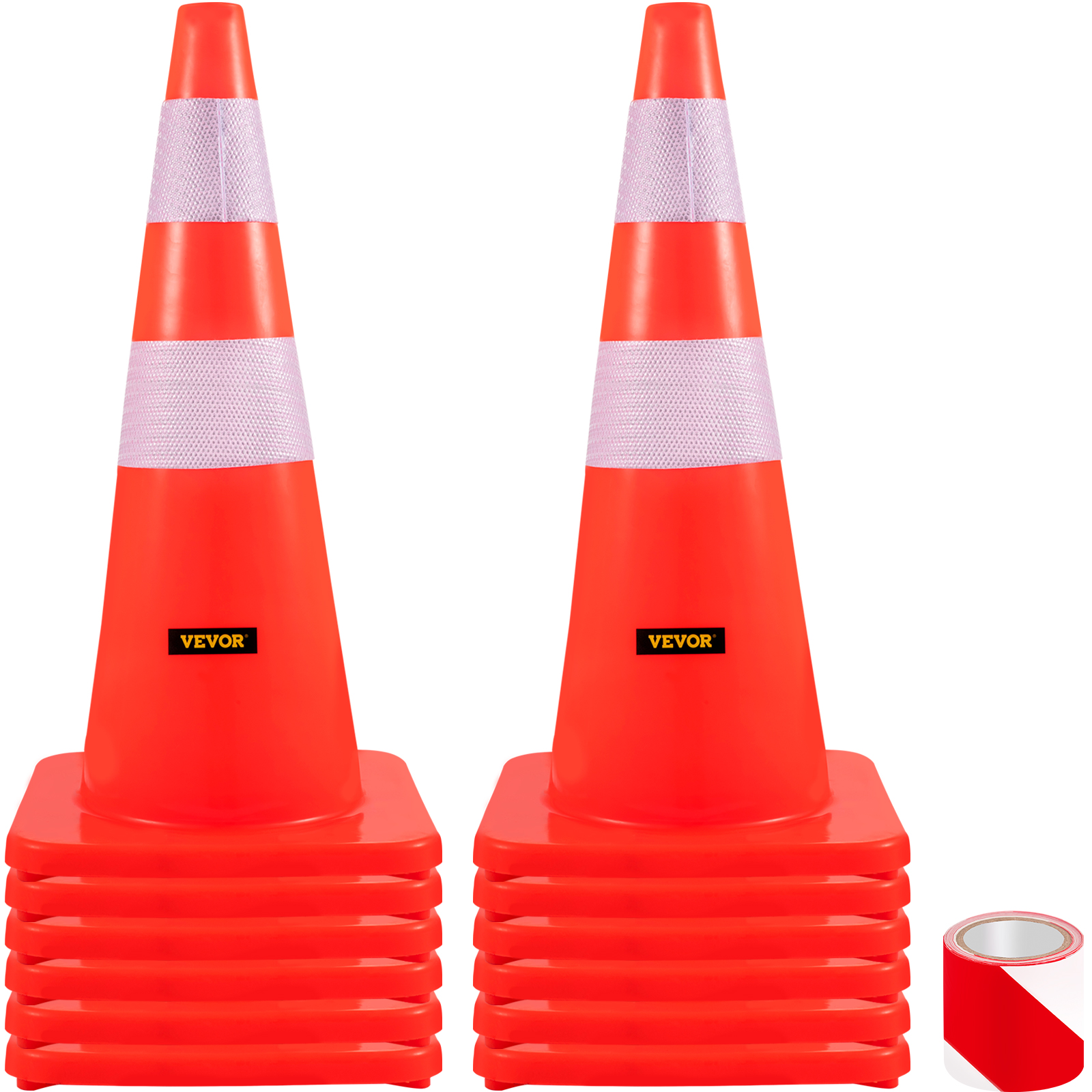 VEVOR safety cones, set of 10 stackable cones with reflective tape and a roll of tape.