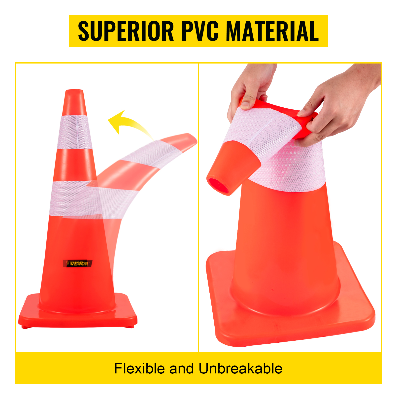 VEVOR safety cones - flexible, unbreakable pvc material with reflective strips.