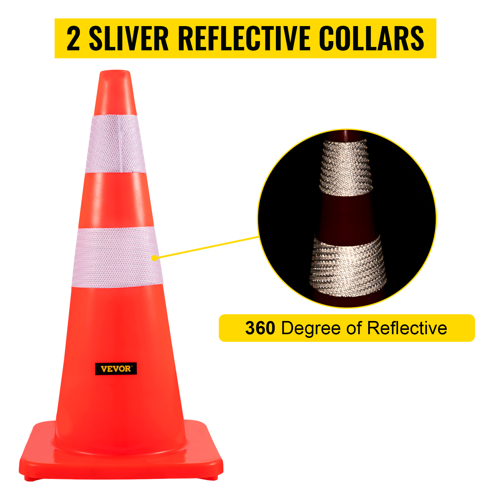 VEVOR safety cones with reflective collars for 360-degree visibility.
