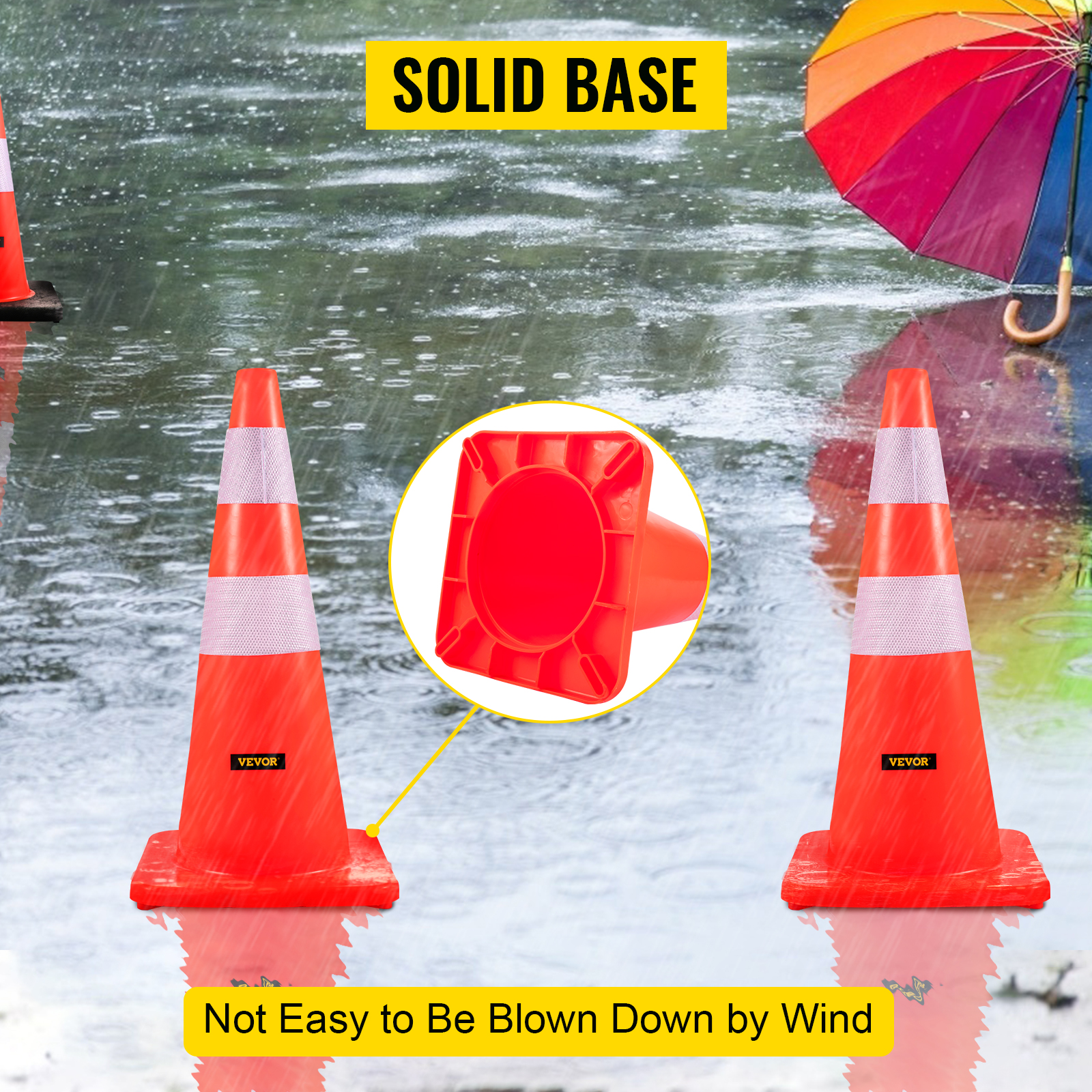 VEVOR safety cones with solid base in rain, vibrant umbrella in the background.