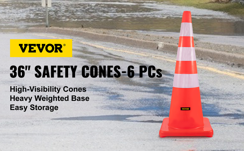 VEVOR traffic cones, 36" high-visibility, heavy weighted base, easy storage.