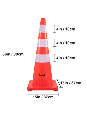 VEVOR traffic cones, 36in tall, with reflective stripes, 15in square base.
