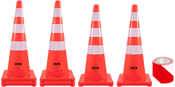 VEVOR traffic cones with reflective stripes and red tape roll.