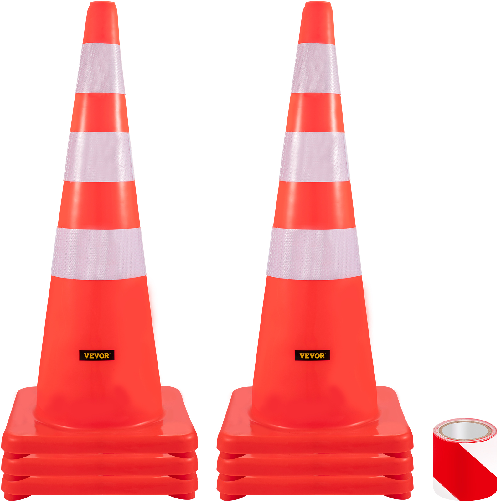 VEVOR traffic cones with reflective stripes and extra base, red tape included.