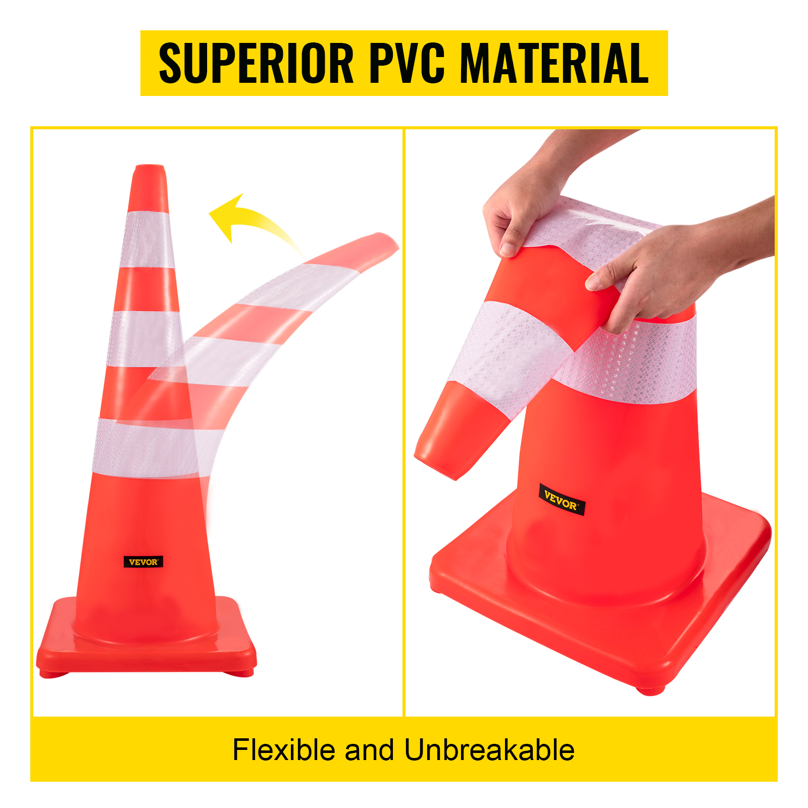 VEVOR traffic cones: superior flexible and unbreakable pvc material.