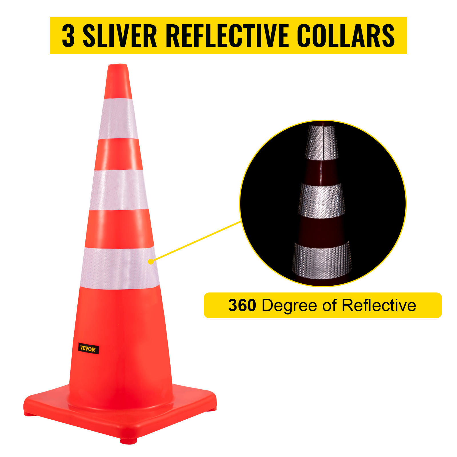 VEVOR traffic cones with 3 silver reflective collars for 360-degree visibility