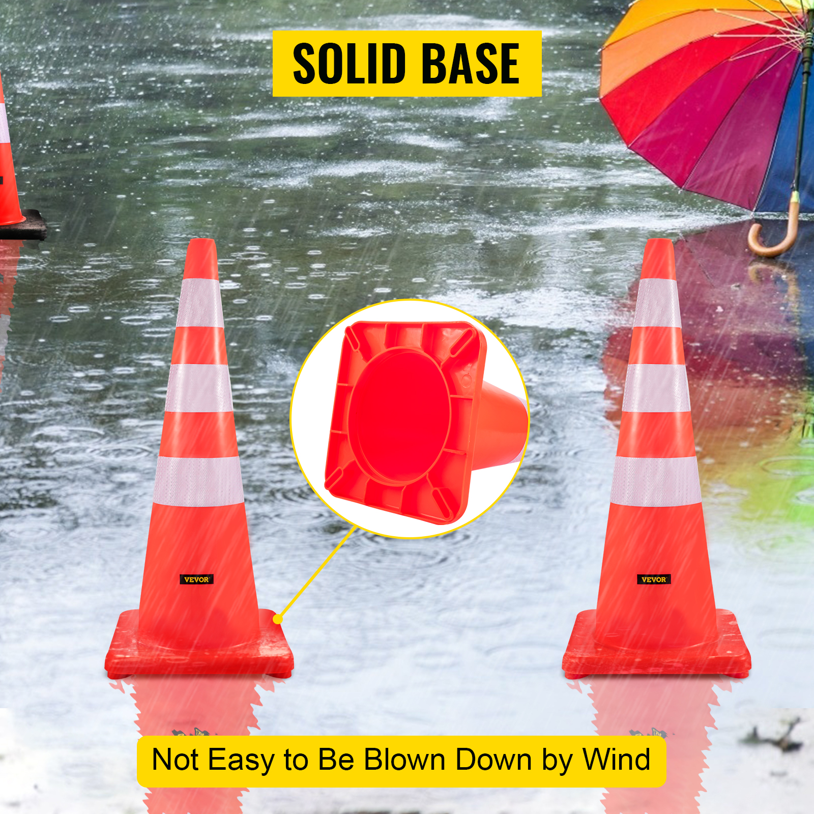 VEVOR traffic cones with solid base in rainy conditions, showcasing stability.