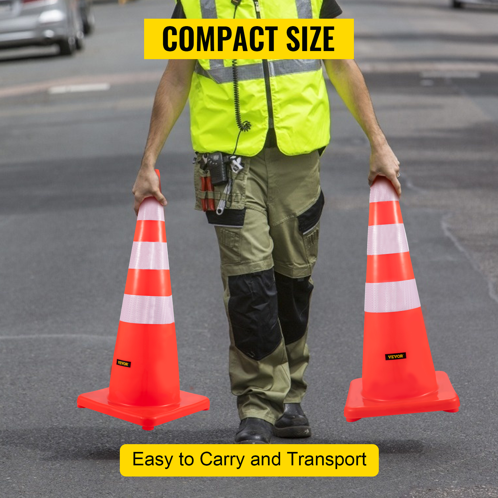 construction worker carrying VEVOR traffic cones, highlighting compact size for portability.