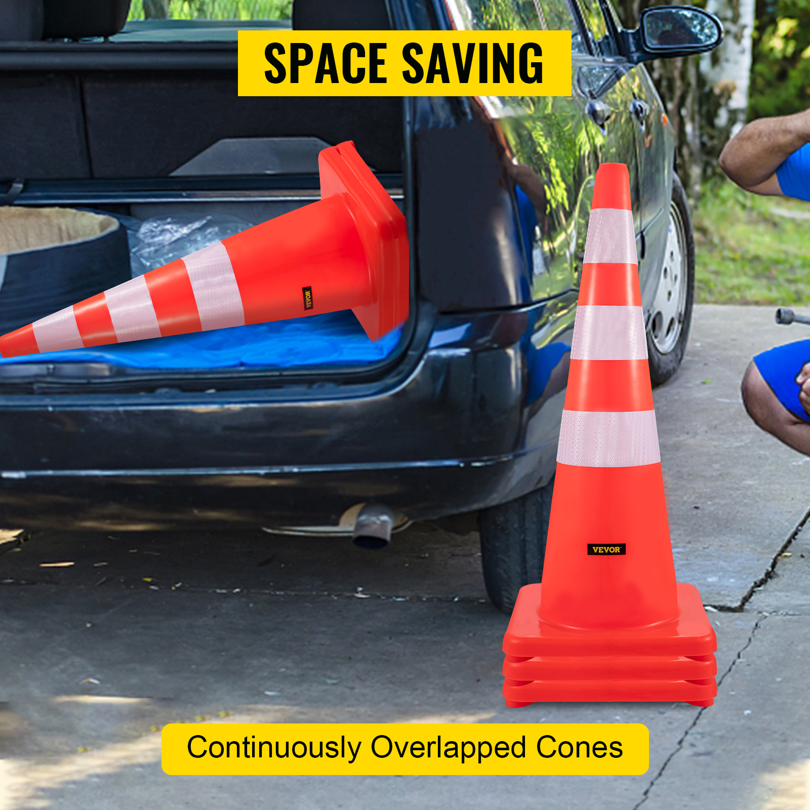 VEVOR traffic cones stacked in a car trunk with "space saving" text.