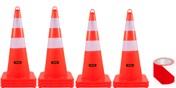 four VEVOR traffic cones with reflective stripes and roll of red reflective tape.