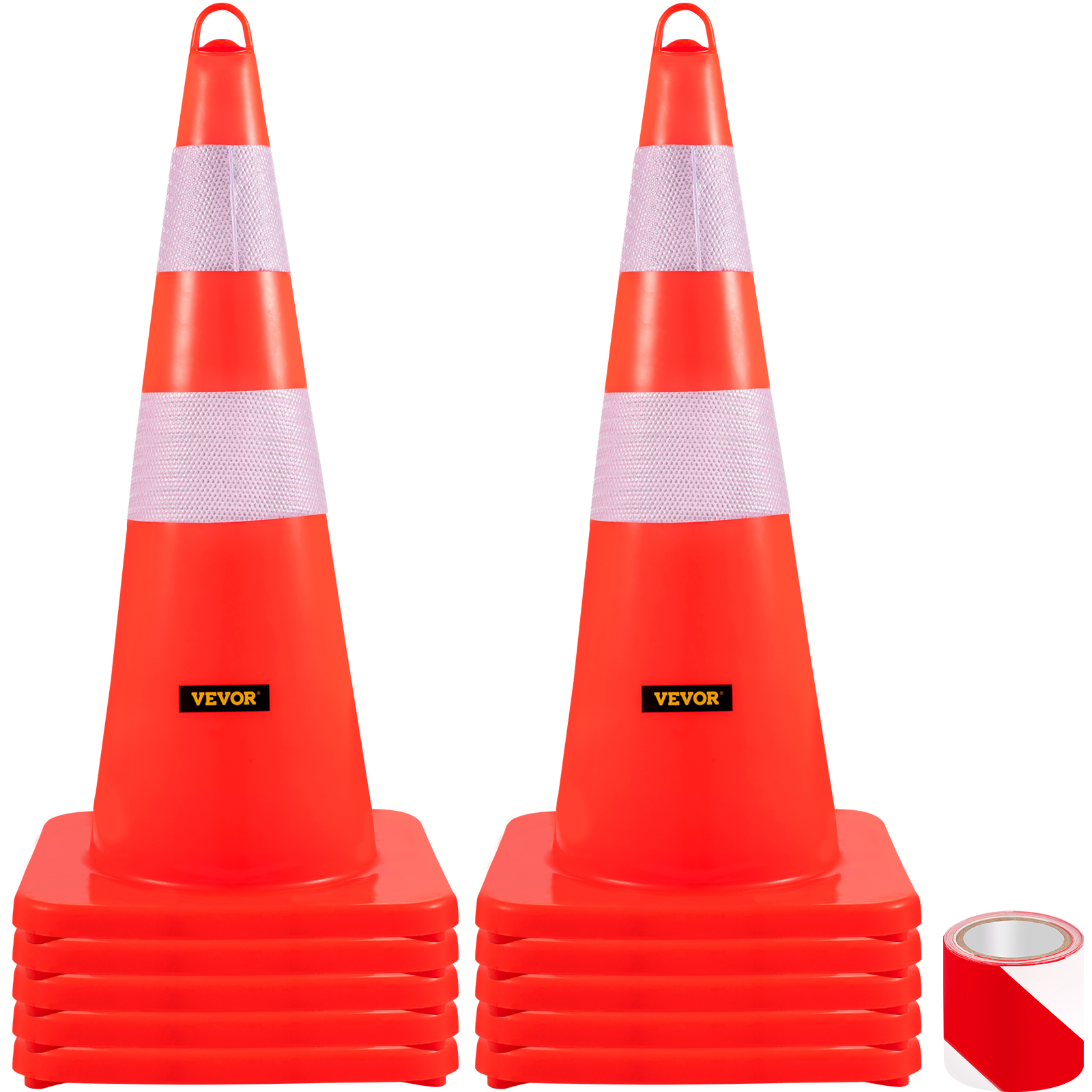 VEVOR traffic cones with reflective strips and stacking bases for safety and visibility.
