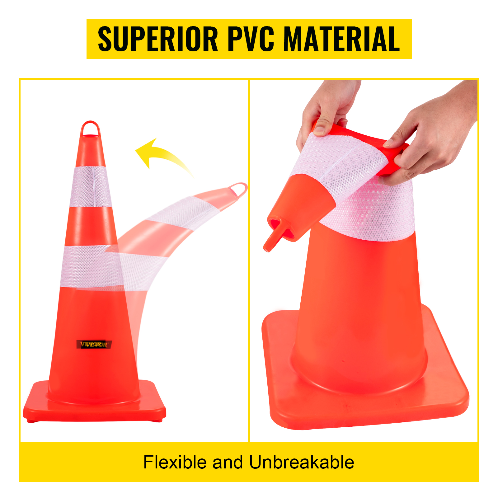 VEVOR traffic cones made from flexible, unbreakable pvc material.
