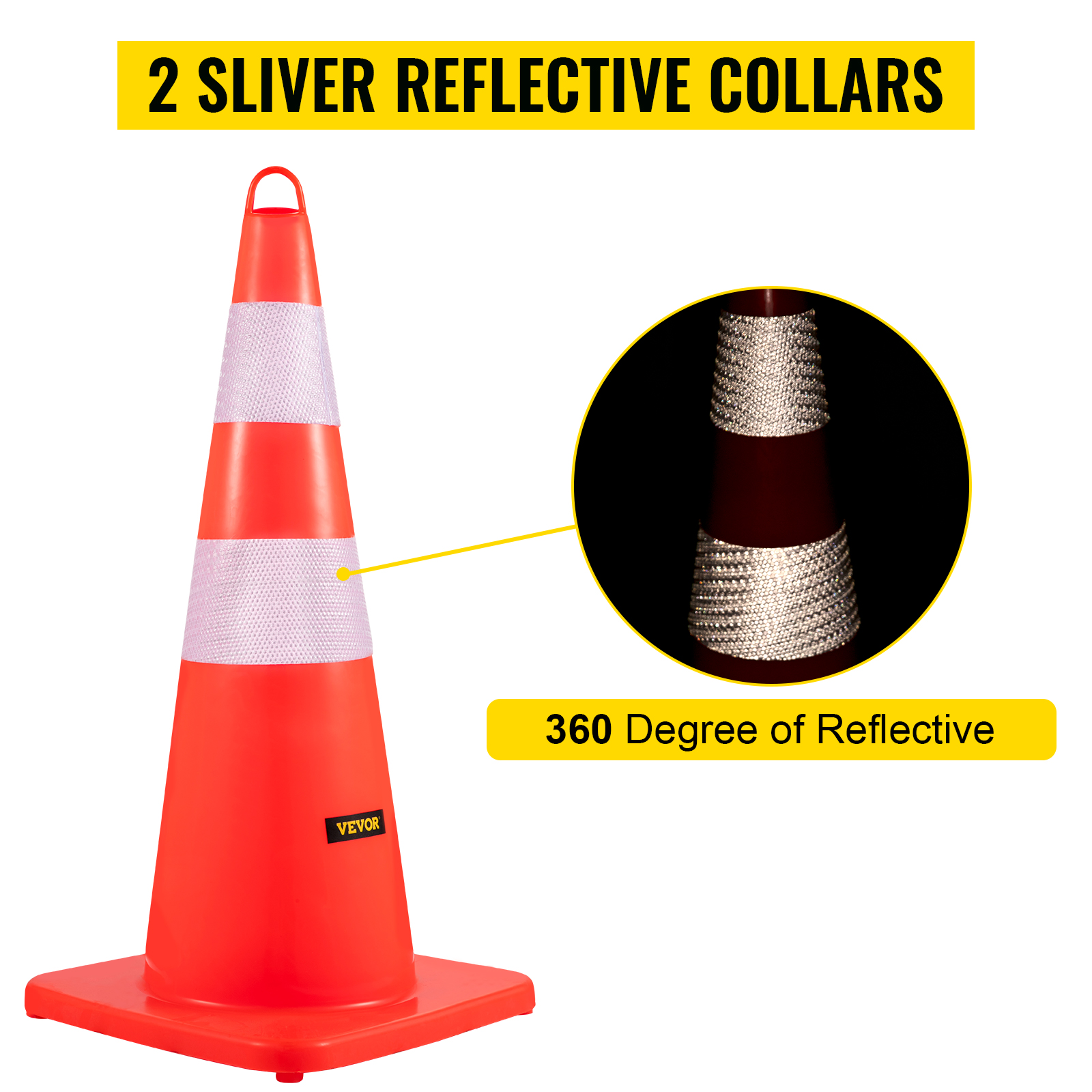 VEVOR traffic cones with 2 reflective collars for 360-degree visibility.