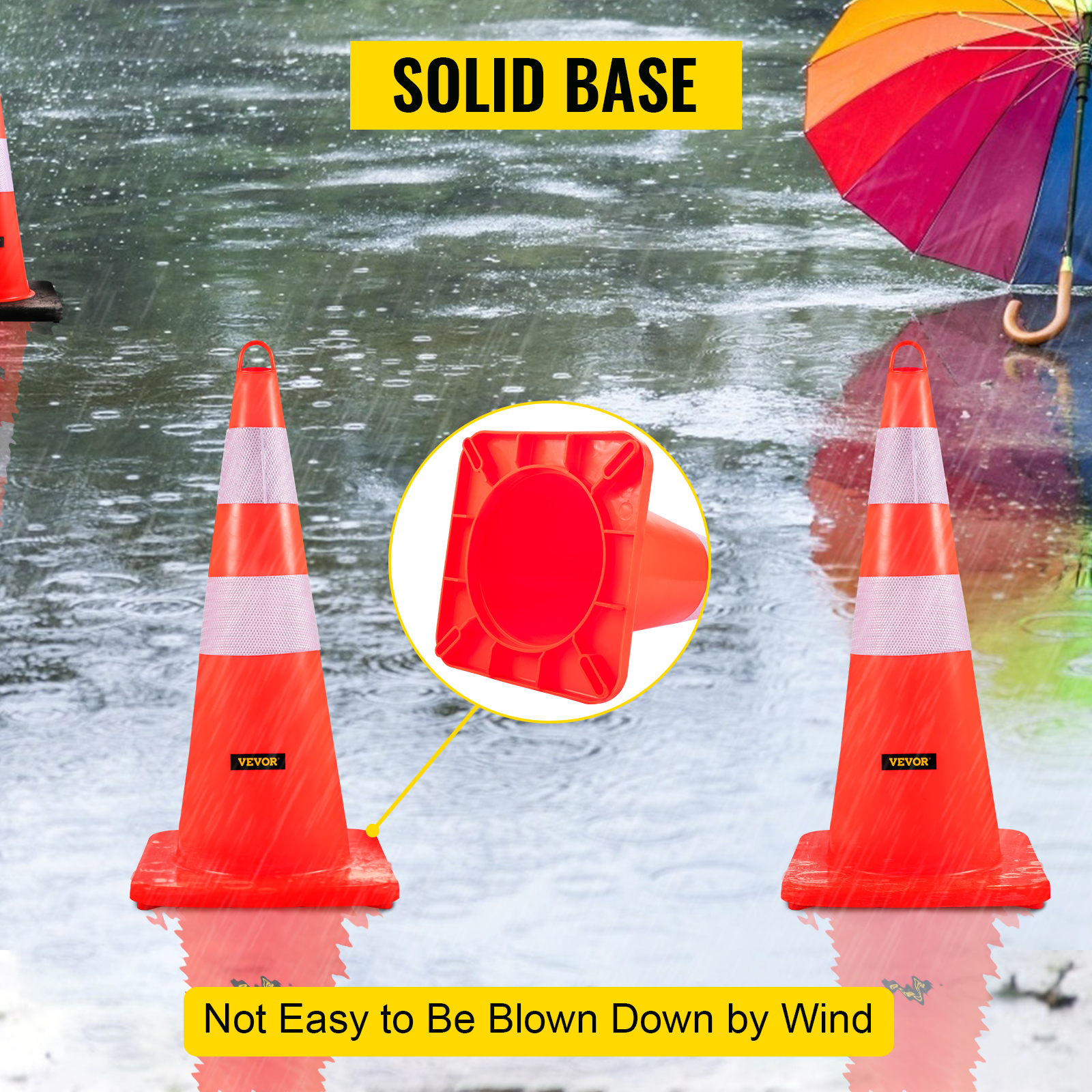 VEVOR traffic cones with solid base in rainy conditions.