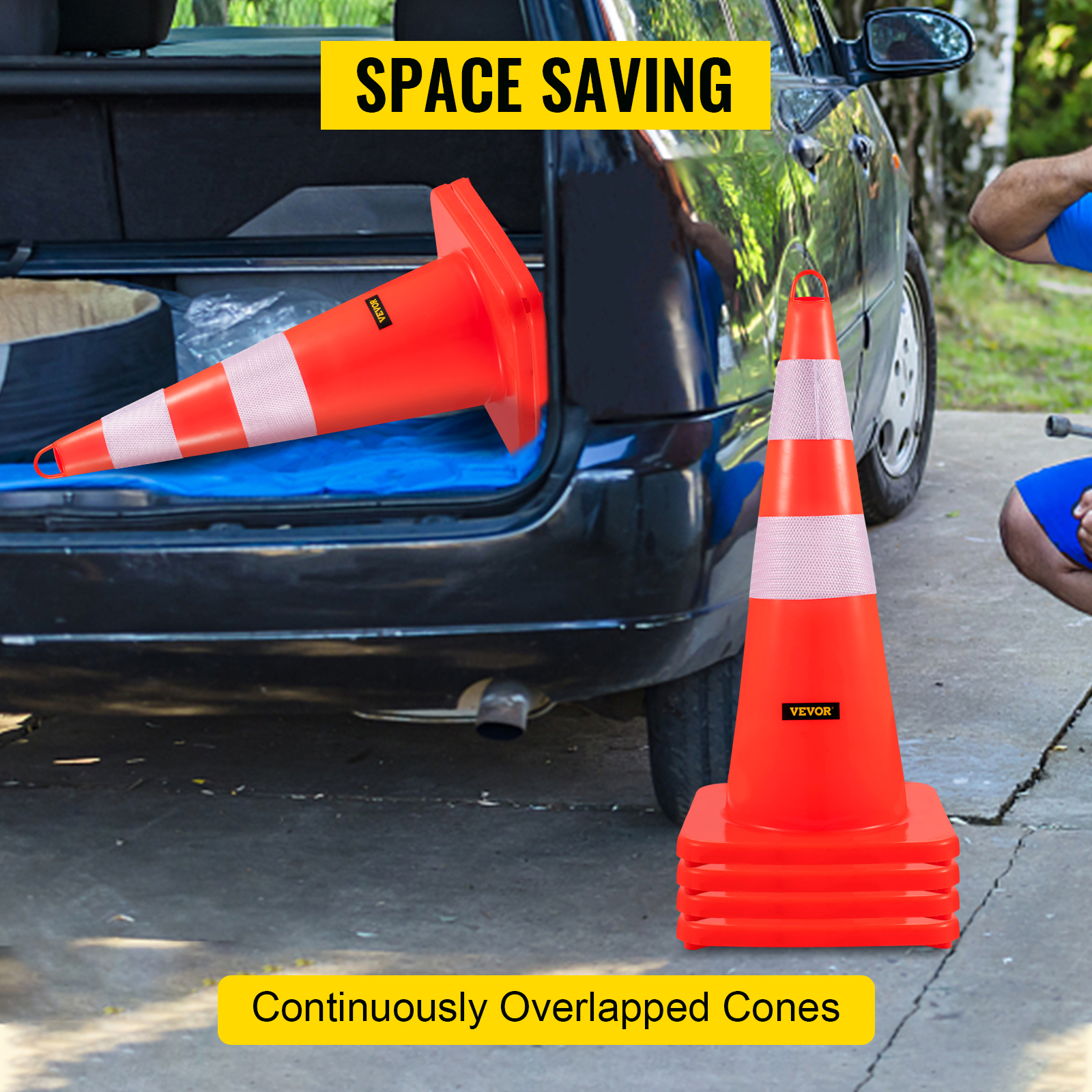 VEVOR traffic cones in car trunk with space-saving stackability.