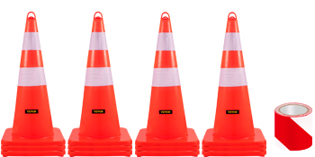 4 bright orange VEVOR traffic cones with reflective bands, and a roll of red tape.