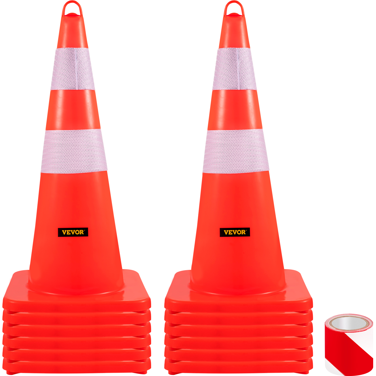 VEVOR traffic cones stack with reflective bands and tape roll.