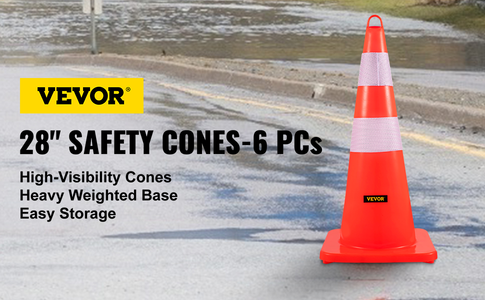 VEVOR traffic cones 28" high-visibility, weighted base, easy storage.