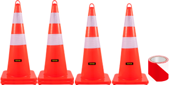 four orange VEVOR traffic cones with reflective bands and a roll of red reflective tape.