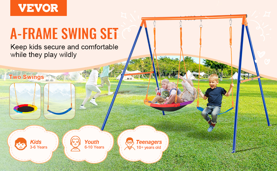 VEVOR swing sets for kids, youth, and teenagers with a-frame and two swings in a green park.